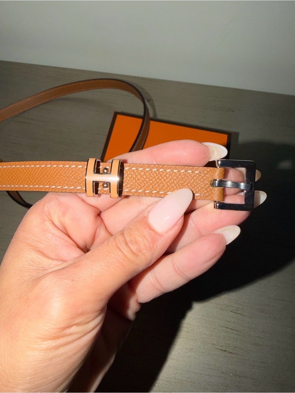 Cognac Leather Skinny Belt with H Accent